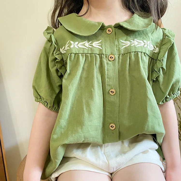 

Koodykids Summer Kids Girls Vintage Shirts Embroidery Green White Shirt Short Sleeve Little Princess Shirts 1-7 Years