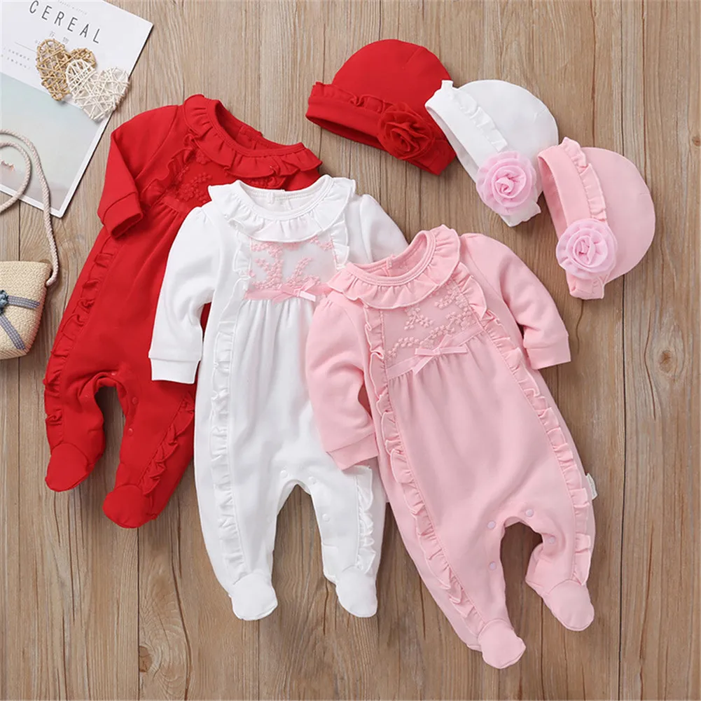 

Newborn Baby Rompers Girl One Piece Footies Rompers+Hat Long Sleeve Jumpsuit Cotton Inafnt Clothing Ruffes Rompers Clothes