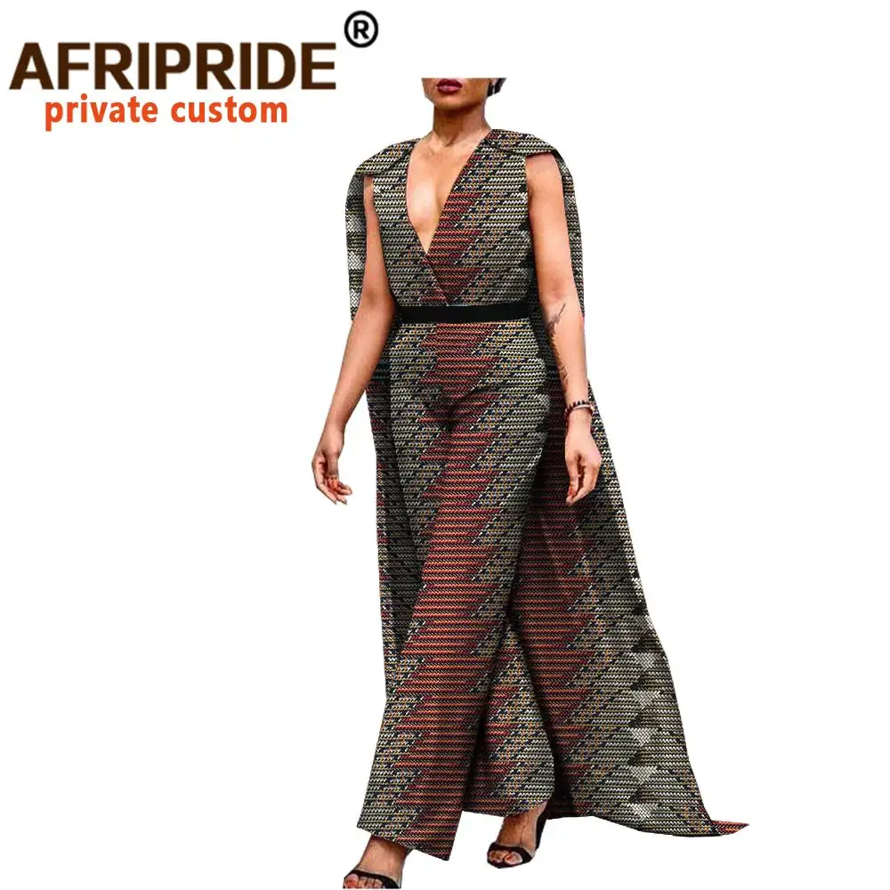 African Clothes for Women Jumpsuit with Belt Romper Ankara Print Bodysuit Sleeveless V-neck Plus Size Fashion Outfits A1829004