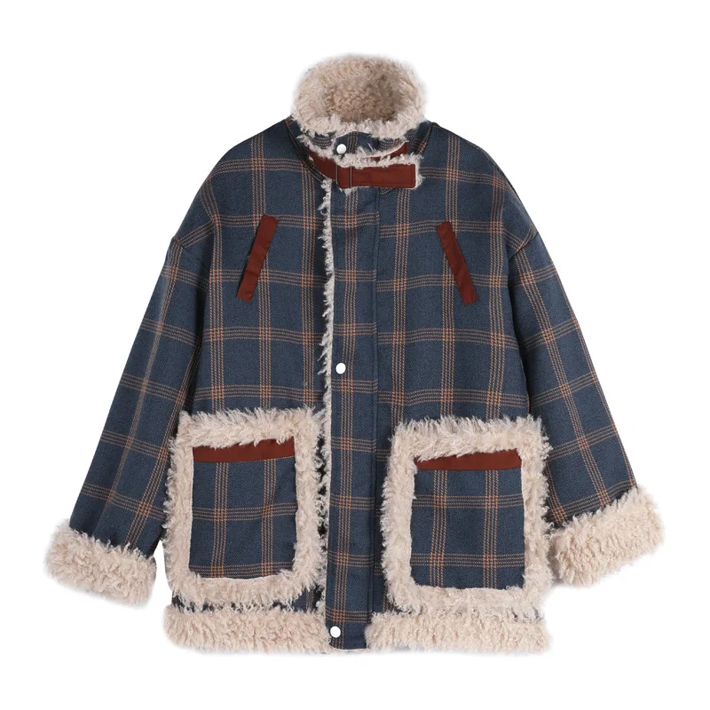 

shot Real of Korean chic wind lamb wool splicing Plaid Cotton Jacket Women's new winter short cotton dress women in 2020