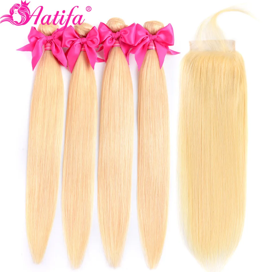 Remy 613 блонд пучки с закрытием бразильские прямые волос 100% человеческие волосы 3