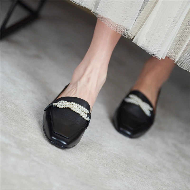 

COVIBESCO Leisure Classic Basic Women Pumps Concise Casual Working Low Heels Genuine Leather String Bead Spring Shoes Woman New