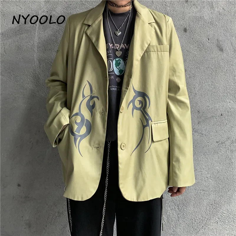 NYOOLO Harajuku Винтажная с драконом принт женский костюм с карманами Осенняя уличная одежда с длинным рукавом однобортное пальто женская мужская одежда верхняя одежда - Цвет: Армейский зеленый