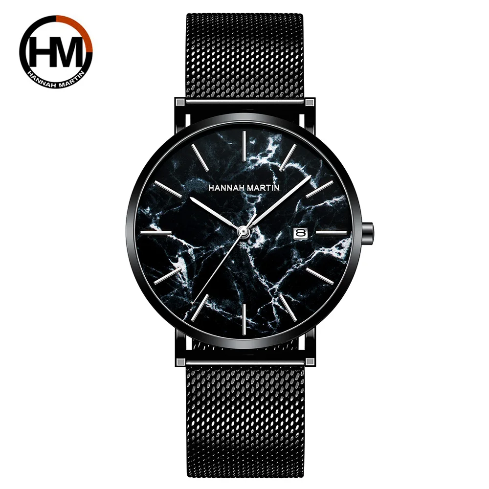 

Japan Quartz Calendar Wristwatch Fashion Black Marbling Stainless Steel Mesh Men's Ultra-Thin Waterproof Business Watch For Men