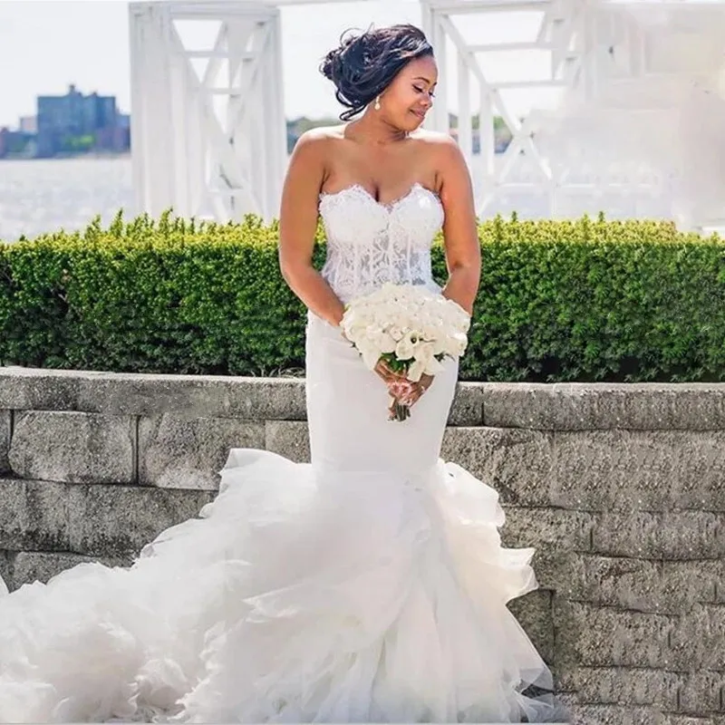 

2021 Mermaid Wedding Dress White Organza Lace Tiered Court Train Sweetheart Neck Bridal Dresses wedding Gown Vestidos De Novia