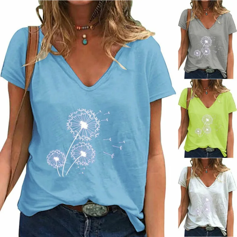 

Plus Size Womens Summer Short Sleeve Floral Baggy T-Shirt Tops V Neck Blouse Tee