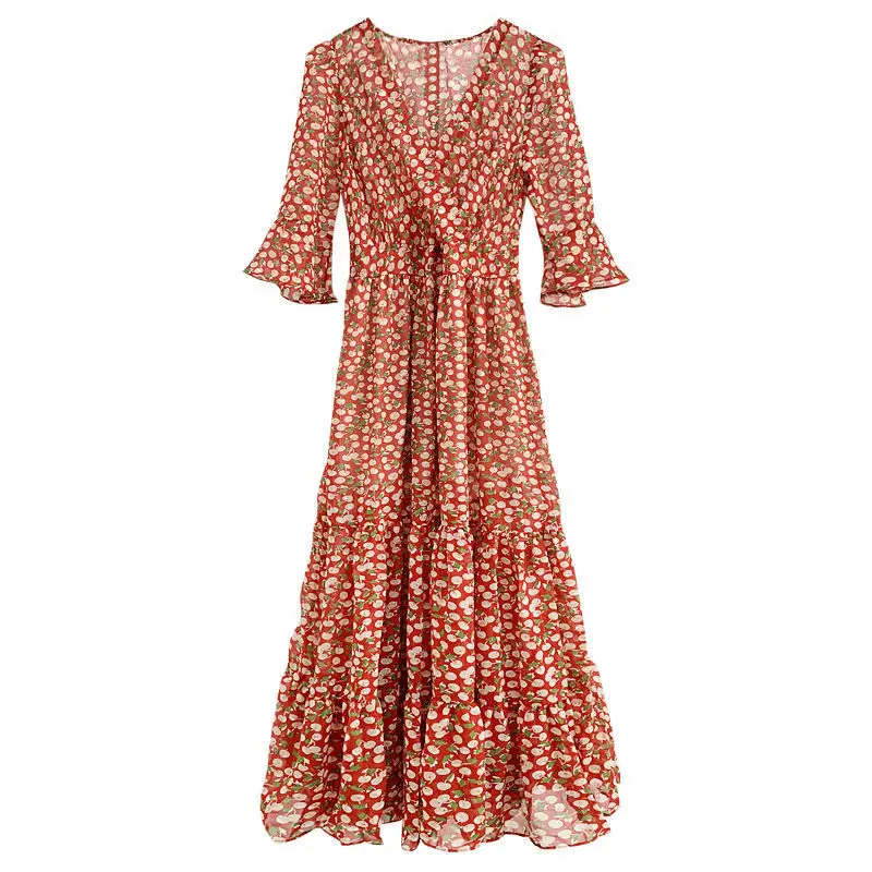 

Vintage Summer French Chic Unif Dress Women Long Party Dress Plus Size Casual V-Neck Regular Chiffon Dresses Women Clothes