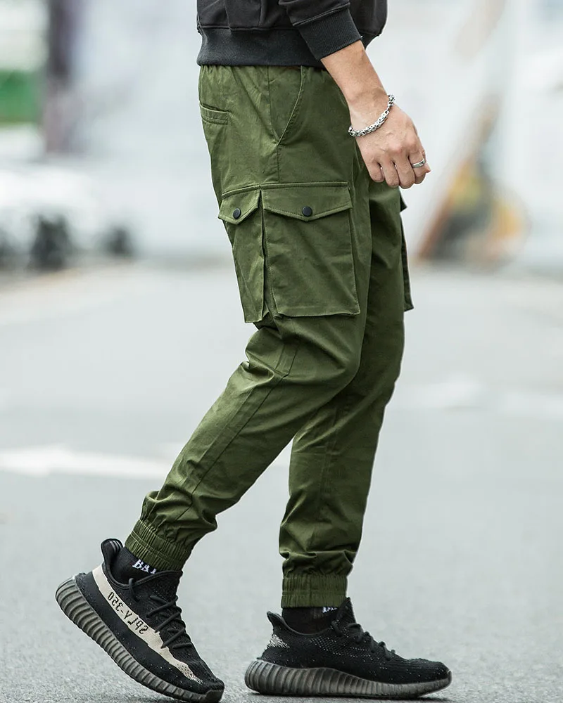 army green Мужские штаны-карго с цветными лентами и карманами шаровары, штаны для бега в стиле Харадзюку, спортивные штаны в стиле хип-хоп, черные, хаки, армейские брюки - Цвет: army green