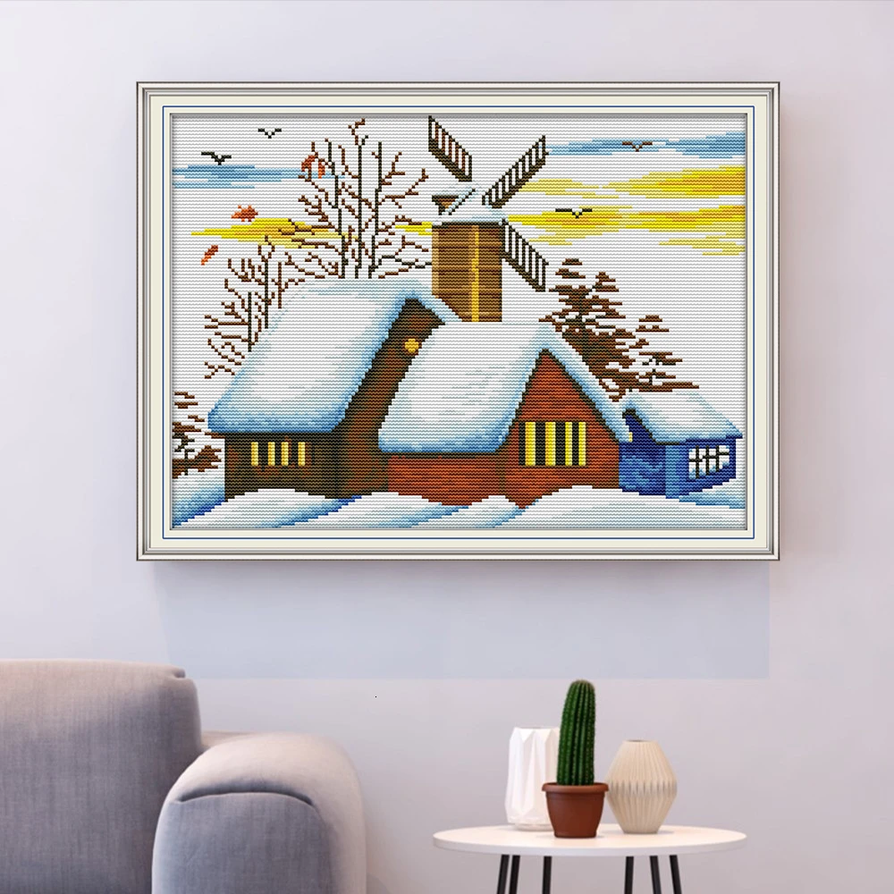 

HUACAN Embroidery Winter Scenery Needlework Sets For Full Kits White Canvas DIY Cross Stitch House Home Decor 14CT