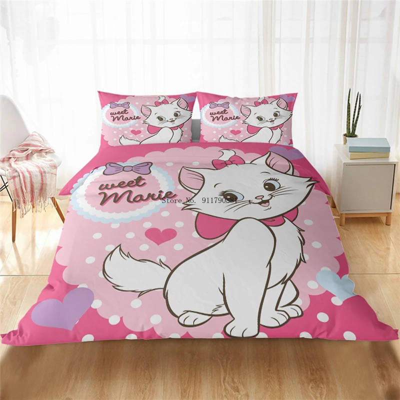 

Home Textile Disney Lovely Mary Cat Print Bedding Set Pink Purple Duvet Quilt Cover Pillowcase Children Girls Bedroom Decor