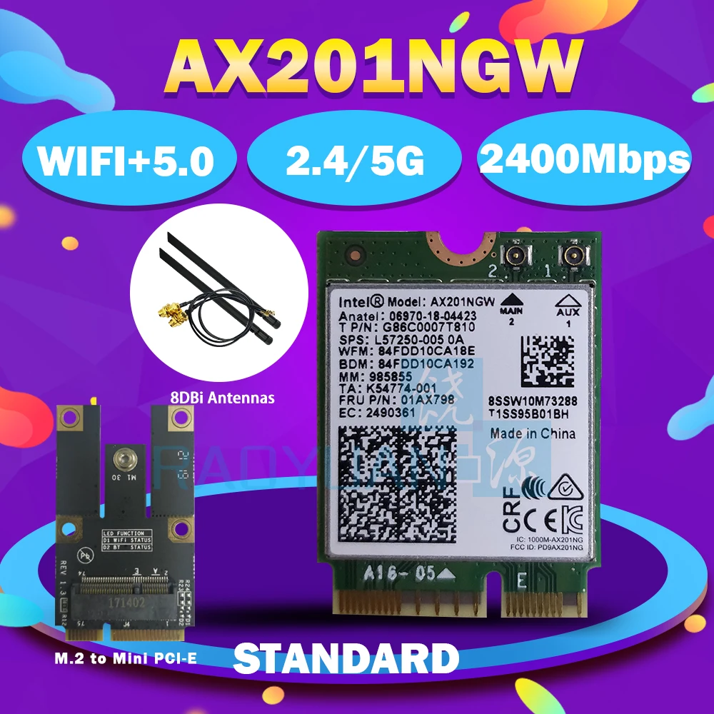 Dual Band 2400Mbps Wireless For Intel Wi-Fi 6 AX201 Bluetooth 5.0 NGFF Key E CNVi Wifi Card AX201NGW 2.4Ghz/5Ghz 802.11ac/ax | Компьютеры