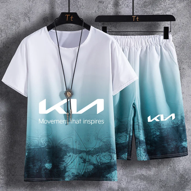 Fashion New Summer Men&#39;s Suit New KIA Car Logo Printed Casual Gradient Cotton Harajuku Men&#39;s short sleeve+shorts 2-piece set E