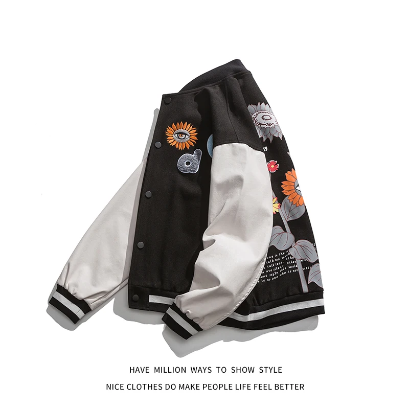 

New Arrival Spring And Autumn Sunflower Print Letterman Embroid Men's Baseball Bomber Coat Unisex Women's Varsity Jacket Street