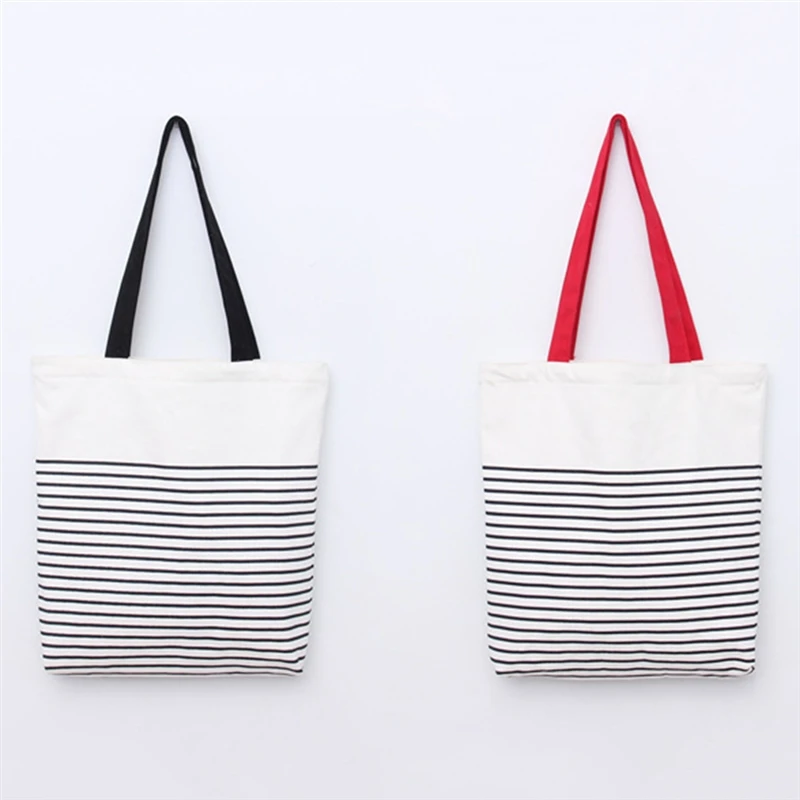 

Women Stripes Canvas Beach Bag Large Capacity Female Zipper Shoulder Bag Ladies Canvas Totes Girl's Casual Shopping Handbag