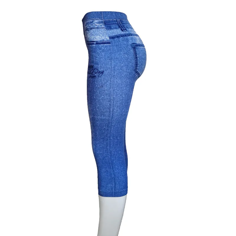 

Spring and Summer Women New Fashion Imitation Jeans Leggings Ladies High Waist and Elastic Push Up Hip Seven-point Pants Women