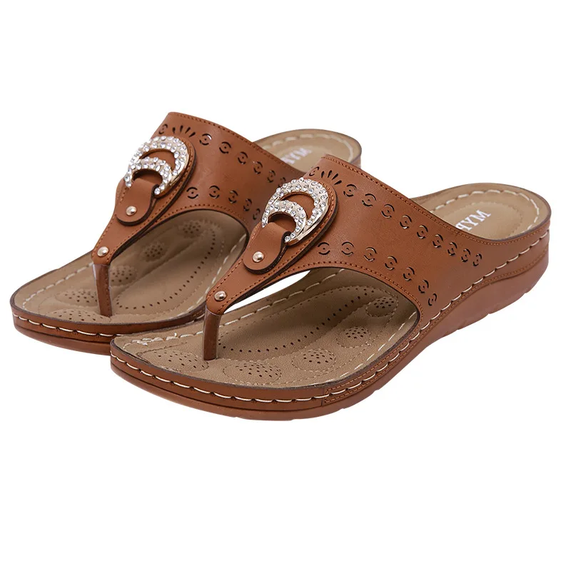 Женские богемные сандалии со стразами удобные шлепанцы на толстой подошве