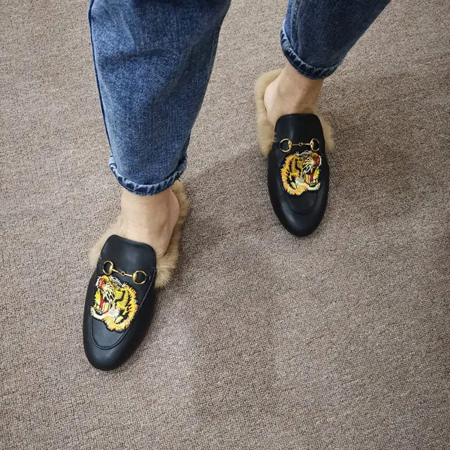 Tiger VISI HOP/ г.; модные Настоящий мех кролика; Шлепанцы из натуральной кожи; женские пушистые тапочки; зимняя теплая обувь - Цвет: Tiger