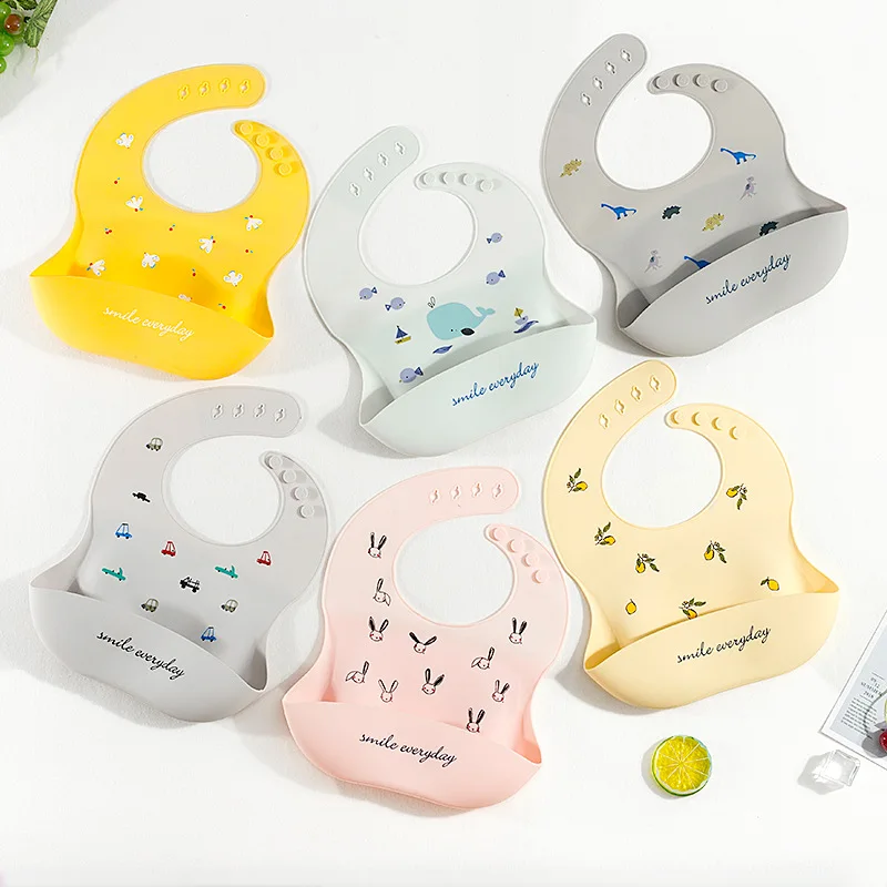 

Cute Cartoon Print Baby Bibs Waterproof Soft Silicone Baby Feeding Stuff Dinosaur Pattern Kids Girl Boy Adjustable Children Bib