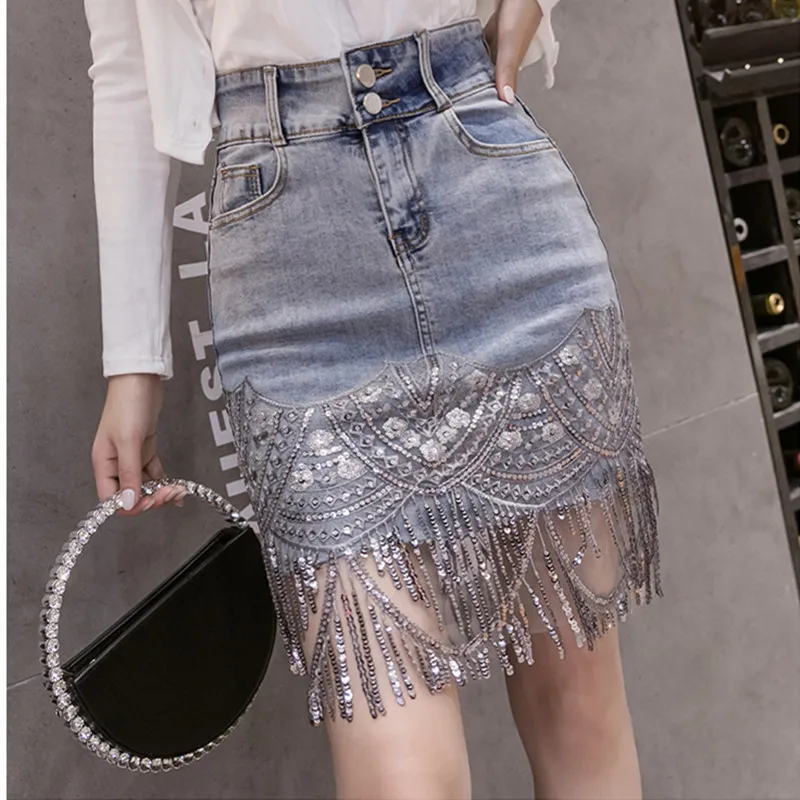 Женские джинсовые юбки Летняя короткая юбка с блестками и кисточками высокой