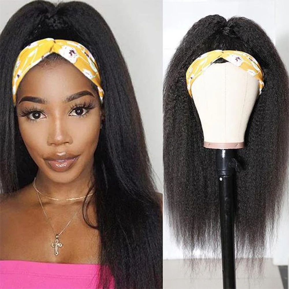 Kinky Straight Headband Wigs Yaki Human Hair Wig for Black Women Easy to Wear Wig with Black Headband 150 Density