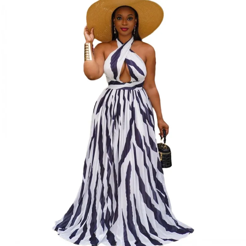 

Плиссированные макси платья для женщин с лямкой на шее без рукавов с открытой спиной сексуальное открытое платье Летнее Новое Элегантное ш...
