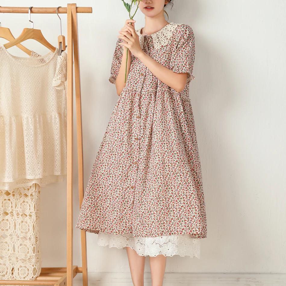 

MMBS 2021 summer new style short-sleeved floral cotton and linen dress Japanese sweet doll collar large lapel mid-length dress