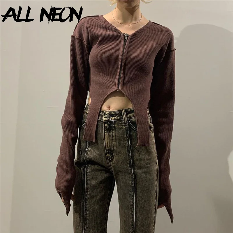 

ALLNeon Indie Aesthetics Patchwork Zipper Ribbed Brown T-shirts Y2K Vintage V-neck Long Sleeve Crop Top Irregular Grunge Outfits