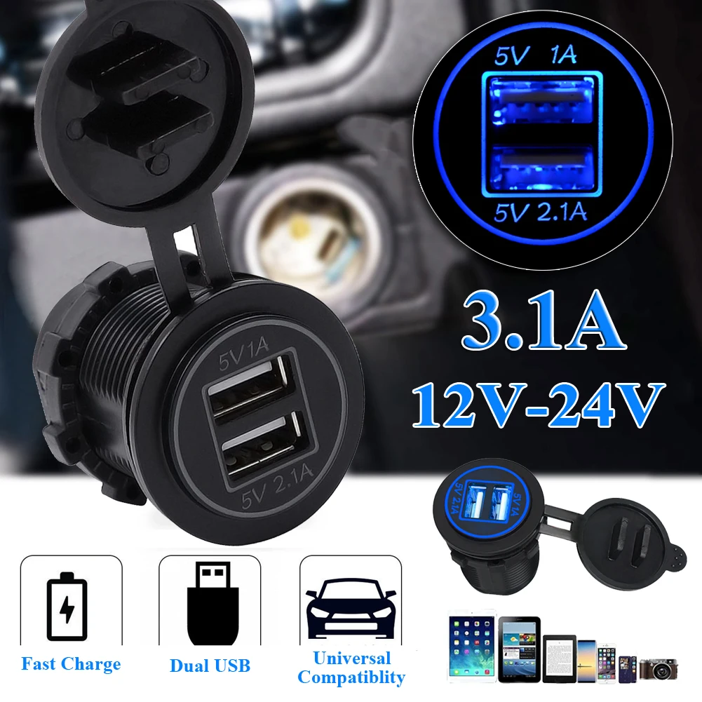 12 V-24 V розетка для автомобильного прикуривателя с двумя 1A/2.1A USB Порты и разъёмы