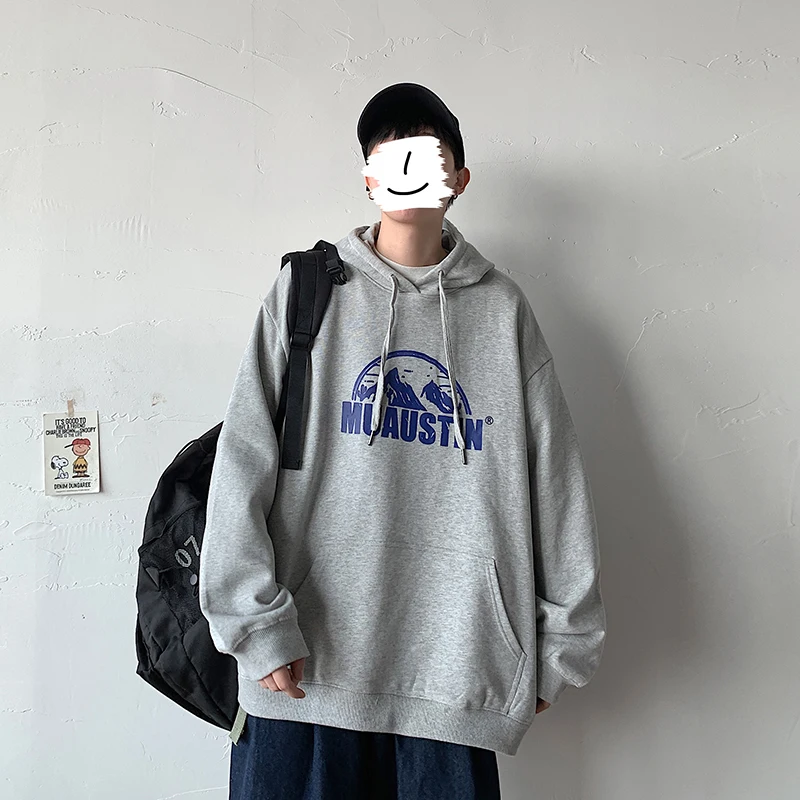

Men's Gray Sweater Thin Spring Autumn Trend Top Loose Hoodie Printed Jacket