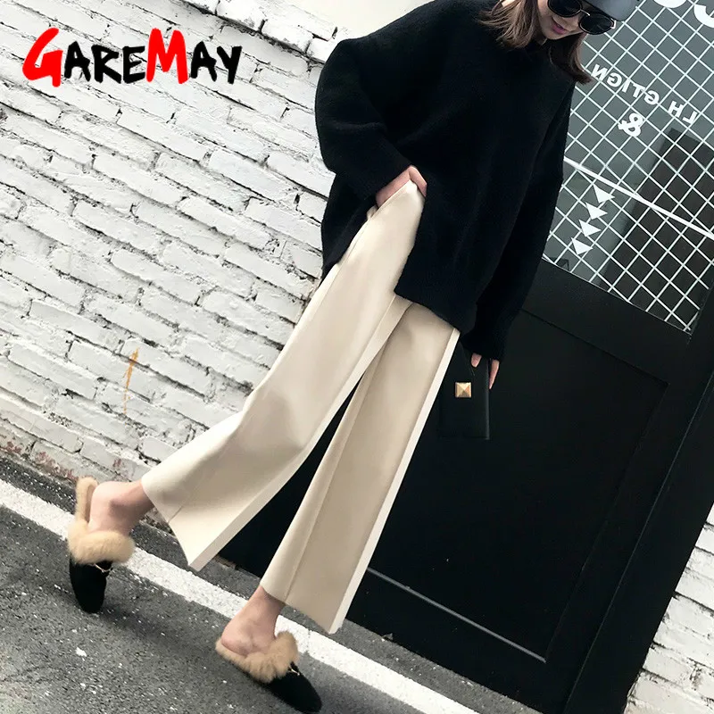 GareMay Элегантные зимние теплые брюки женские корейские повседневные укороченные широкие черные штаны осень зима женские шерстяные брюки с высокой талией