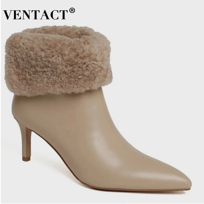 

VENTACT Winter Fashion Ankle Boots Real Leather Shoes Thin High Heel Pointed Toe Warm 2022 New Arrival Footwear Size 33-40