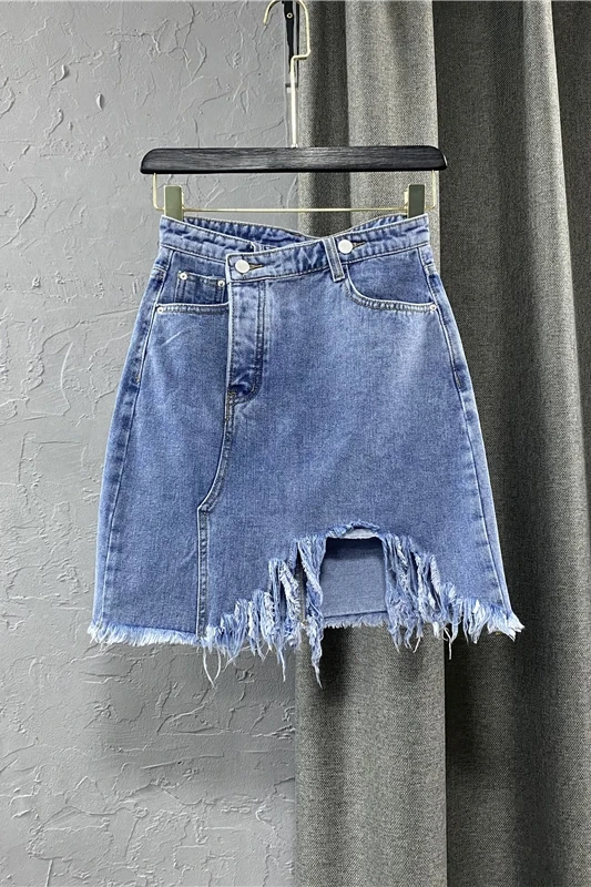 

2021 New Summer High Waist Denim Skirt A- Line Blue Tassel Edge Hole Ripped Pink Skirt for Women Jeans Casual Short Skirts Femme