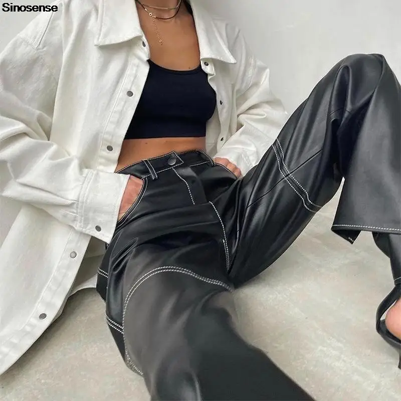 

Однотонные черные готические брюки из искусственной кожи с широкими штанинами, женские осенние брюки с высокой талией, уличная одежда, повс...