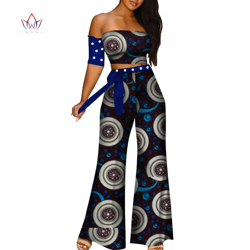 

2 Piece Set African Women Sexy Top and Pant Set T Shirt Tops Dashiki Print Trousers Peal African Women Clothing Customize WY5012