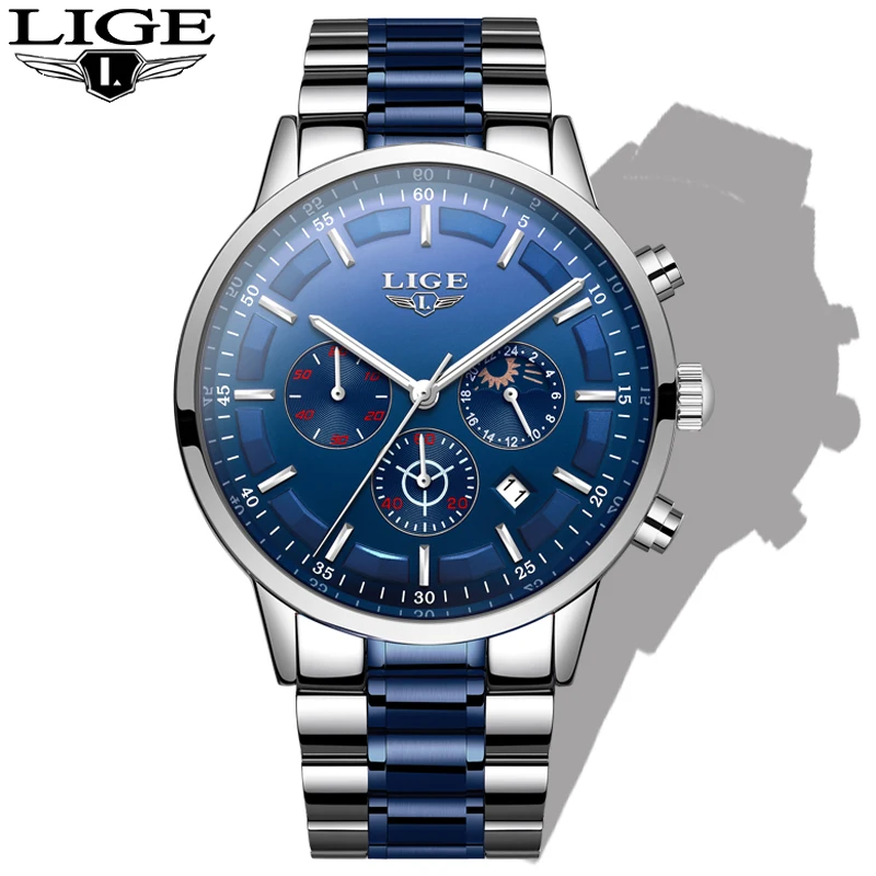

LIGE Men Watches Top Brand Luxury Stainless Steel Blue Waterproof Quartz Watch Men Fashion Chronograph Male Sport Military Watch