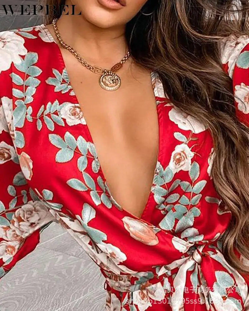 

WEPBEL Women Sexy Summer Floral Print Loose Jumpsuit Ladies Elegant Short Sleeve V Neck Bow Tie Romper Overalls