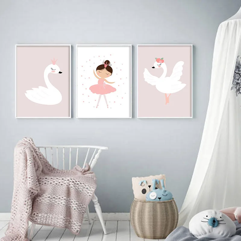 Для маленьких девочек Детская Wall Art Холст Картина с изображением лебедя из
