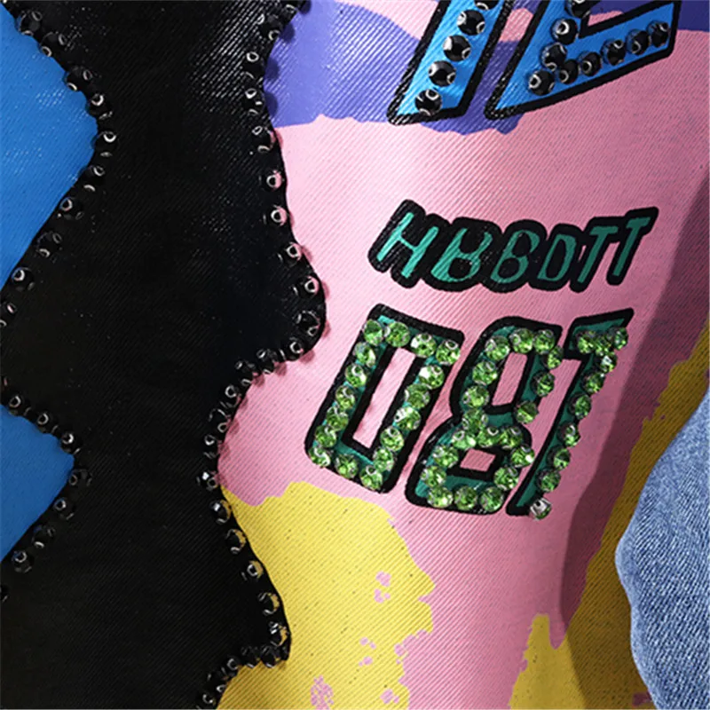 

Jeans Jacket Women Streetwear Fashion Beading Sequins Print Ripped Denim Jacket Female Loose Long Sleeve Jeans Coat 2020 New