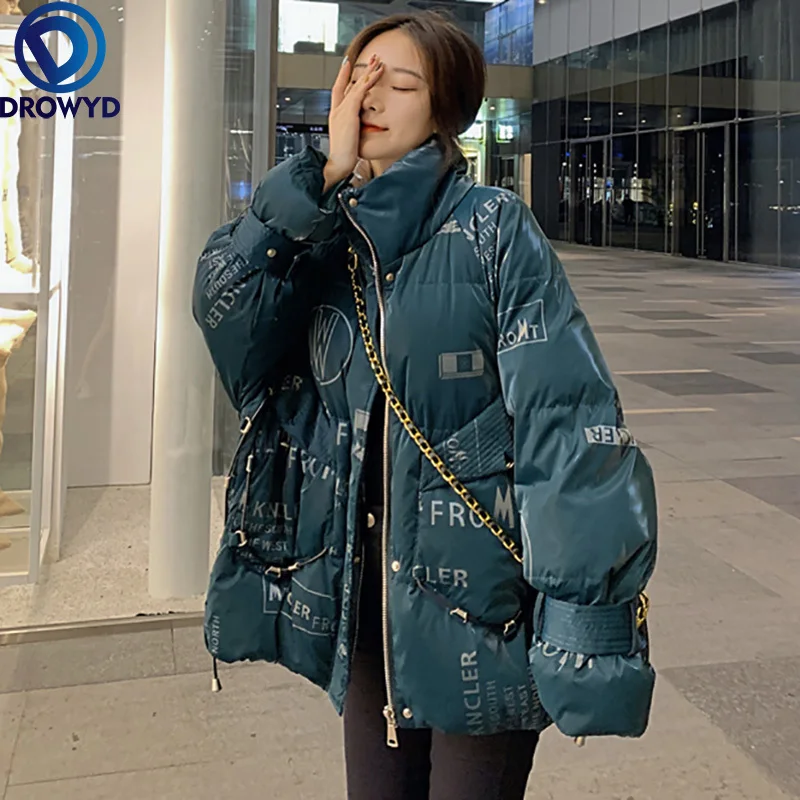 

Fashion Loose Letter Bright Face Bread Jacket Down Women's Middle Long New Warm White Duck Dowm Parka Snowwear Thick Puffer Coat