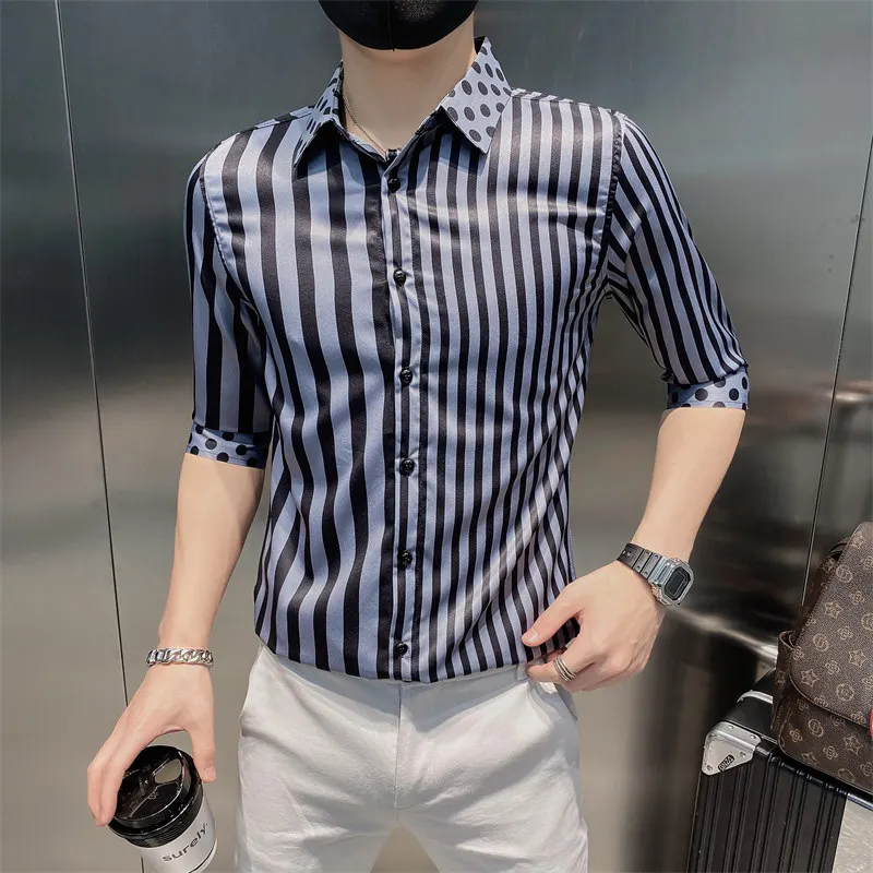 

Summer New Mens Black Stripe Print Slim Fit Luxury Shirts Fashion Patchwork Long/Half Sleeve Social Shirts For Men Chemise Homme