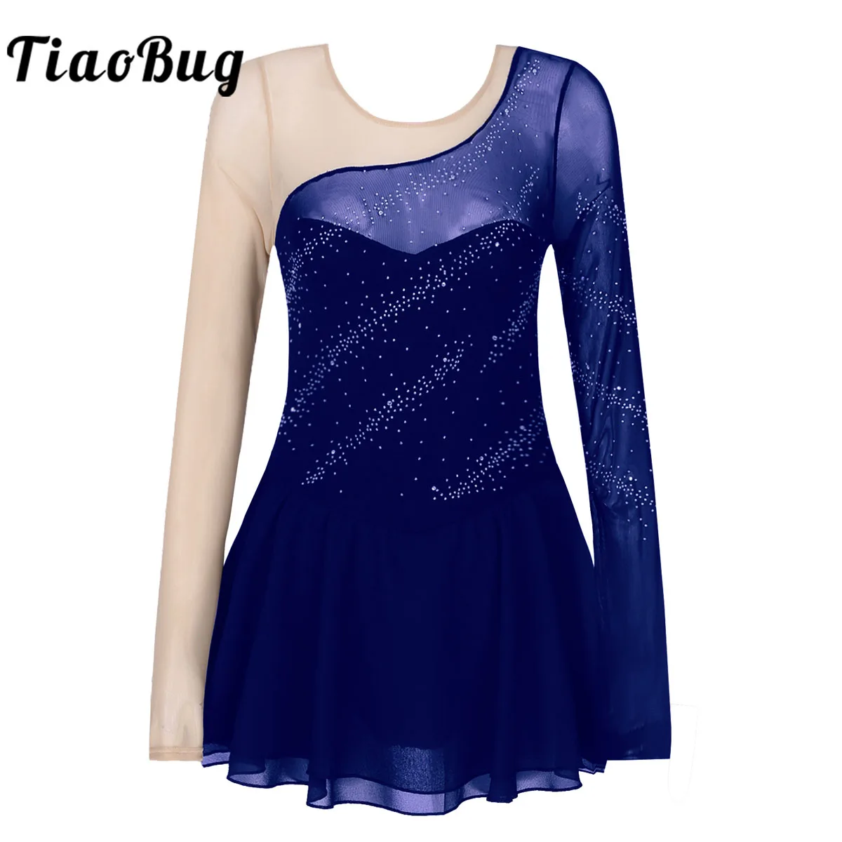 Women's Ice Skating Dress Ballet Dance Leotard Adult Mesh Long Sleeve Rhythmic Gymnastics Leotard Rhinestones Dance Costumes