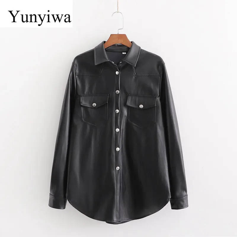 Женская рубашка из искусственной кожи с длинным рукавом винтажные вечерние