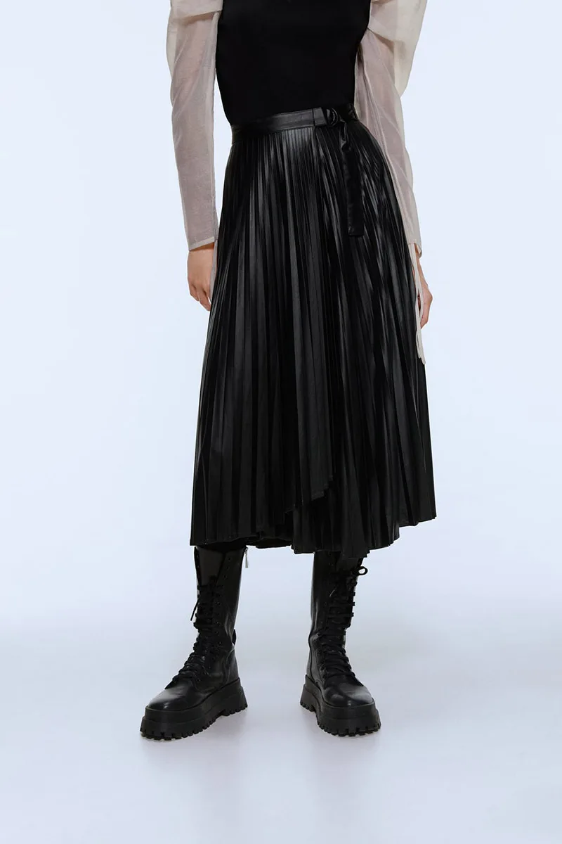 Fashion Pleated Skirt for Women Women Dance Clothing Ball Gown Black Faux Leather Faldas Mujer Moda Moda Mujer Mid-Calf Za