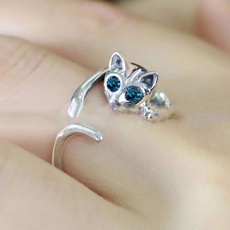 

Cat open ring Adjustable silver alloy cat ring (Blue)