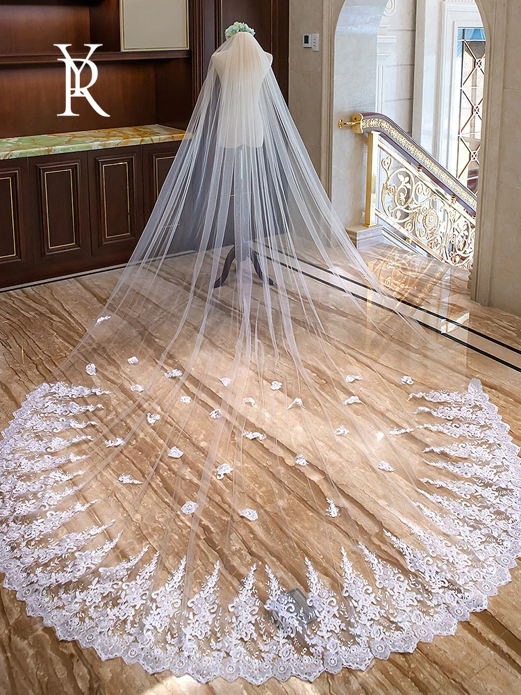 

YILIBER 4 meters single layer veil retro luxury lace hollow lace wedding accessories bridal veil