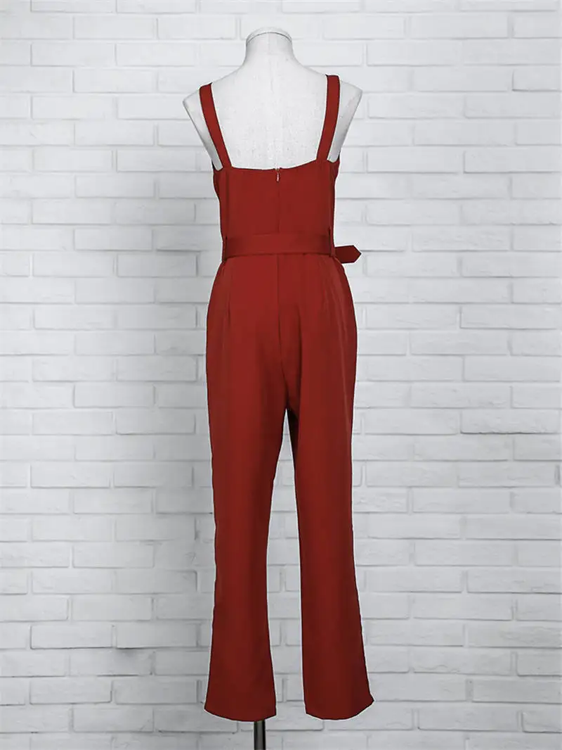 2019 Fashion Summer Women Stylish Elegant Casual Red Slinky Romper Female Sleeveless Solid Color Button Design Jumpsuit | Женская одежда