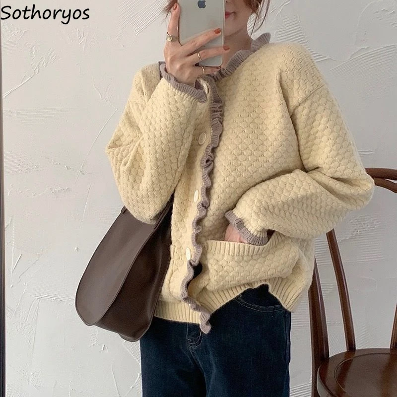 

Tender Patchwork Cardigans Women Knitted Sweaters Spring Single Breasted Simple Elegant Thermal Knitwear Jumpers Female Loose OL