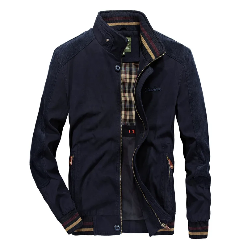Black blue Европейский стиль, большие размеры, M-5XL, мужские классические брендовые осенние куртки из хлопка цвета хаки с карманами на молнии, мужские Весенние куртки черного и синего цвета - Цвет: Black blue