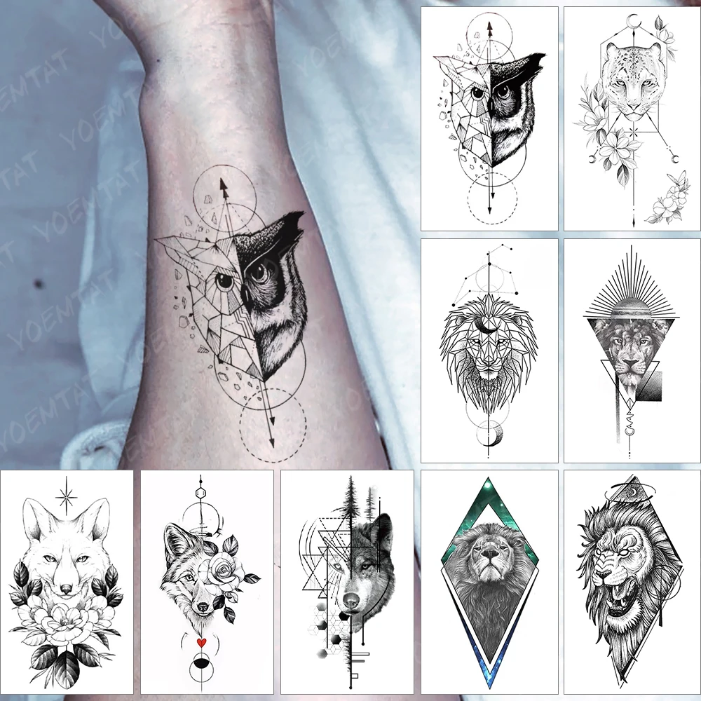 

Waterproof Temporary Tattoo Sticker Geometric Line Owl Flash Tatoo Wolf Lion Arm Wrist Fake Tatto For Body Art Women Men