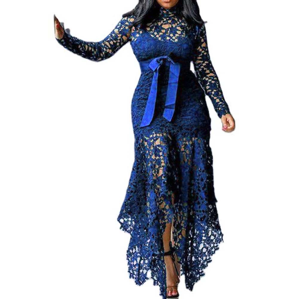 Vestido de encaje asimétrico para mujer, de cuello alto de talla grande Ropa, vestidos de fiesta de noche ahuecados, retales, fajas, verano, 2020